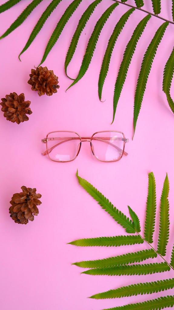 Artistic flat lay of eyeglasses with ferns and pinecones on a pink surface.